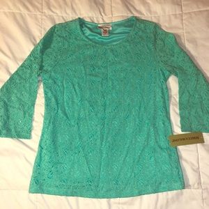 NWT aqua marine 3/4 sleeve top with lace overlay